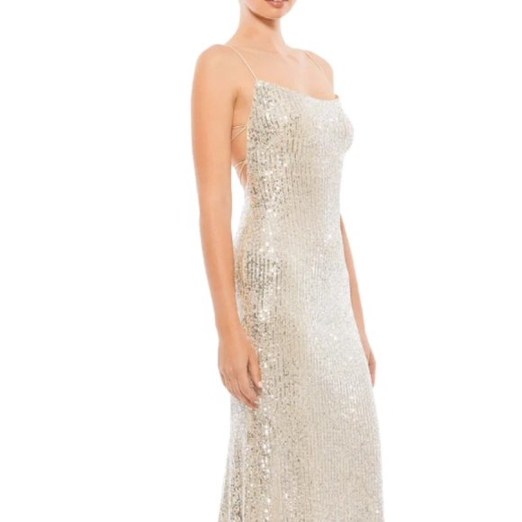 MAC DUGGAL 26269 STRETCH SEQUIN LACE UP BACK EVENING NUDE/SILVER GOWN sz 12 - Picture 5 of 8